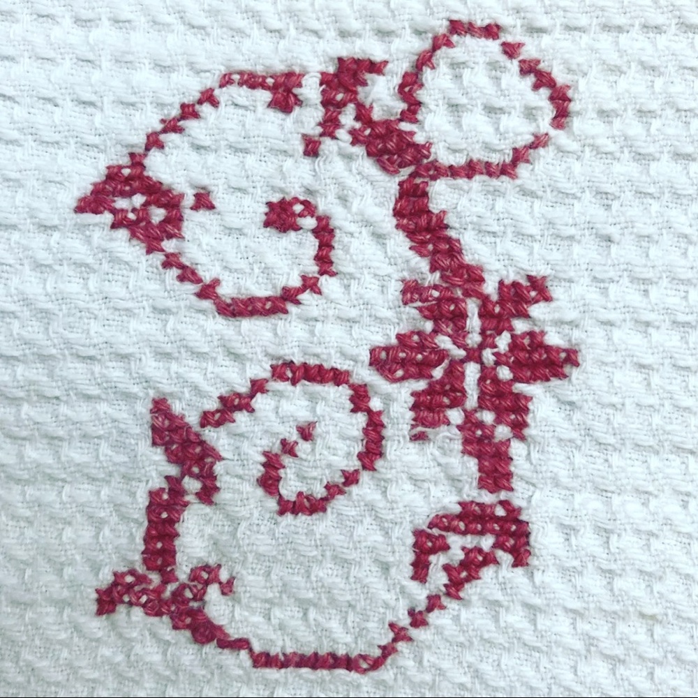 Vintage cotton waffle towel with fringe from France. Monogram “T” or “J”